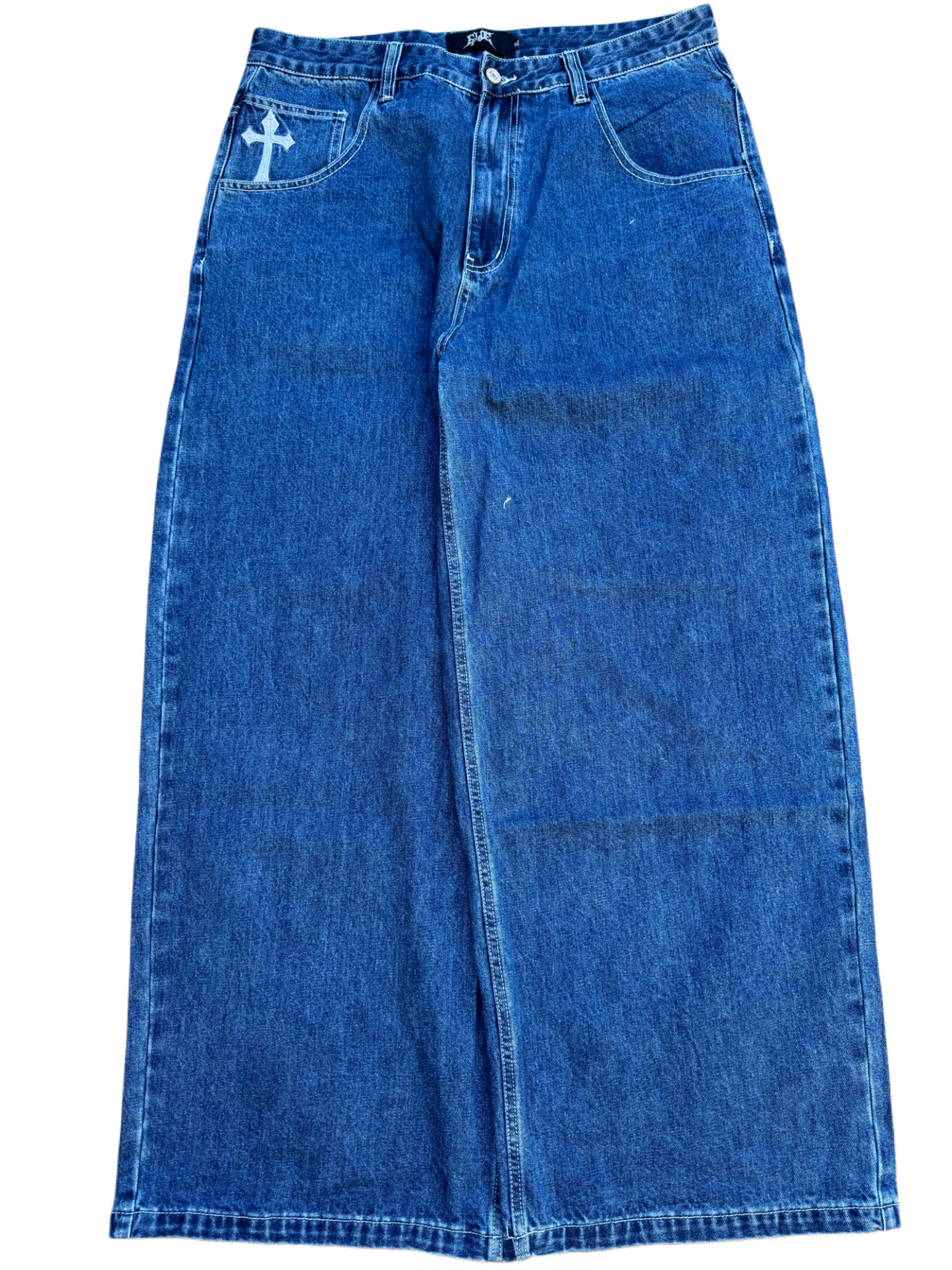 Blue Wide Leg GLOE Skull Cross Jeans-IYAMIUIO
