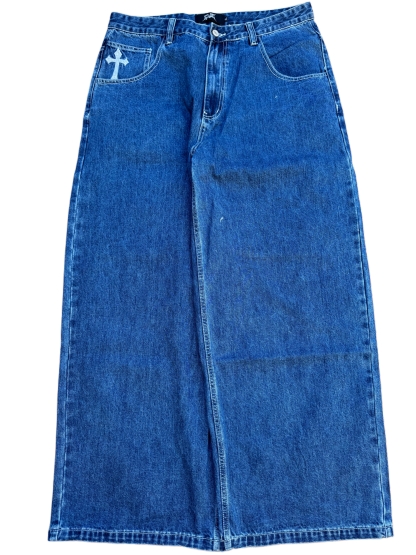 Blue Wide Leg GLOE Skull Cross Jeans-IYAMIUIO