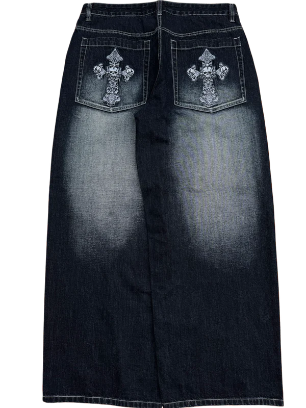 Dark Wash Faded Skull Cross  Jeans-IYAMIUIO
