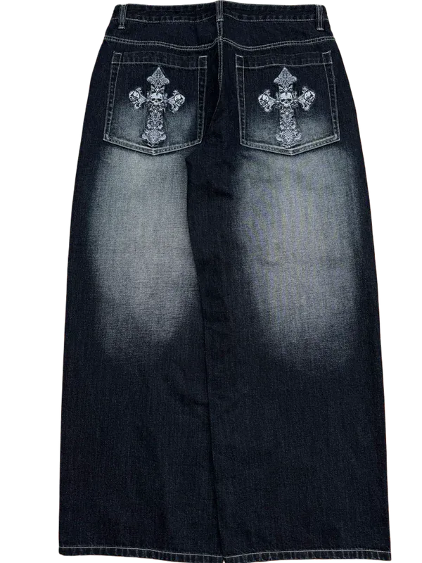 Dark Wash Faded Skull Cross  Jeans-IYAMIUIO