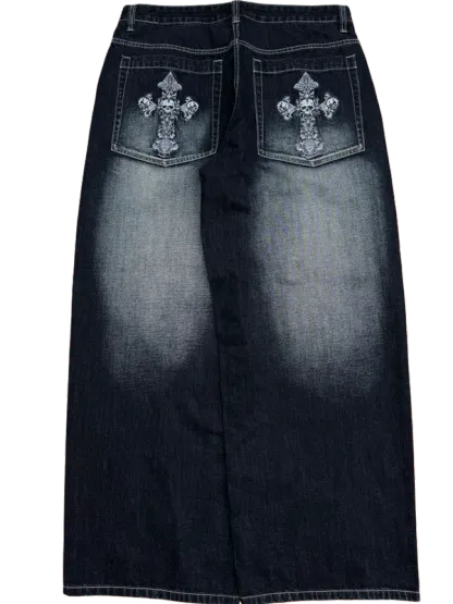 Dark Wash Faded Skull Cross  Jeans-IYAMIUIO