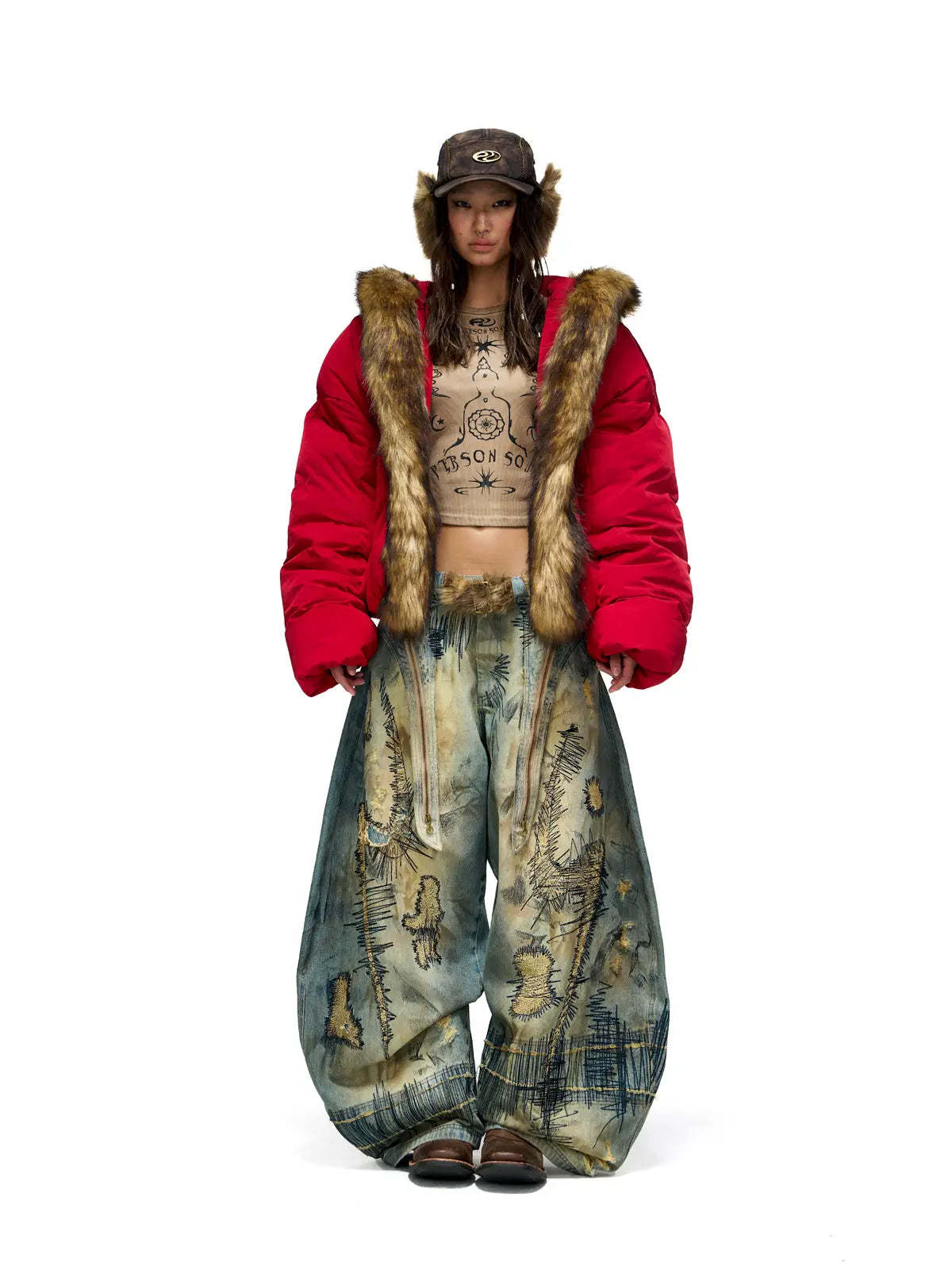 Personsoul Embroidery Fur Collar Down Jacket-IYAMIUIO