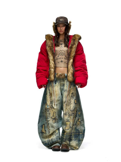 Personsoul Embroidery Fur Collar Down Jacket-IYAMIUIO