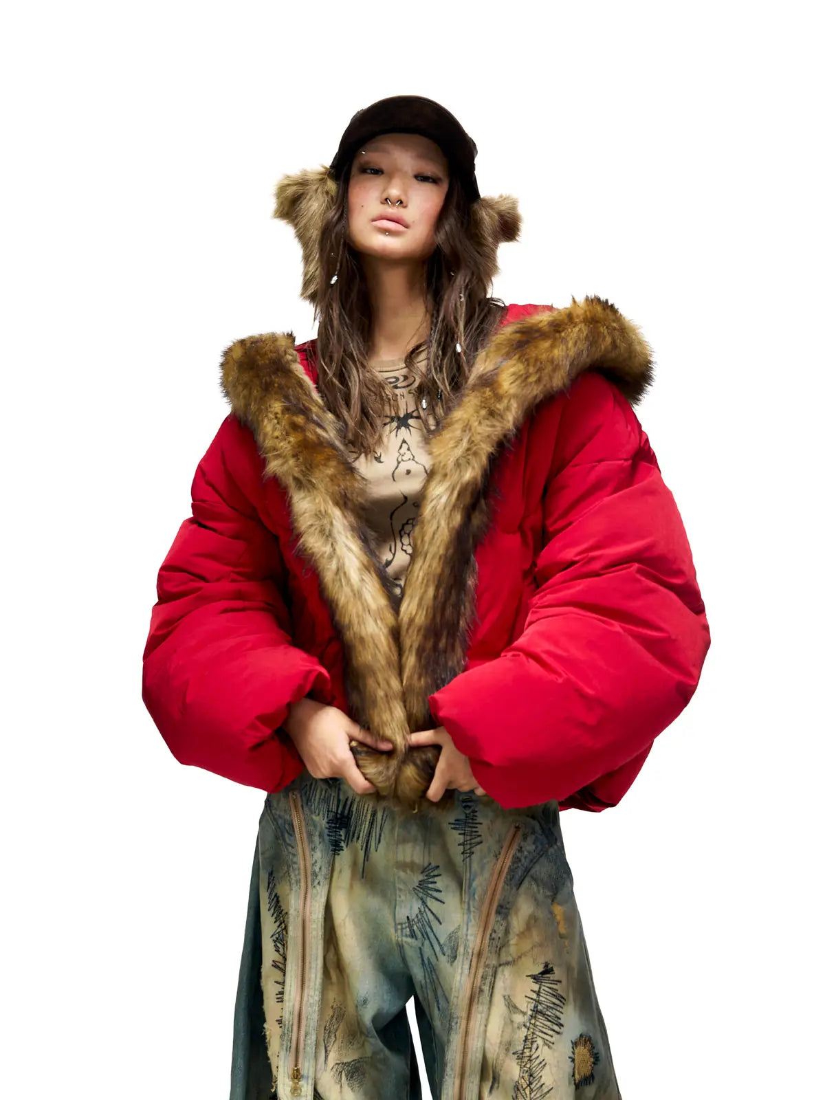 Personsoul Embroidery Fur Collar Down Jacket-IYAMIUIO
