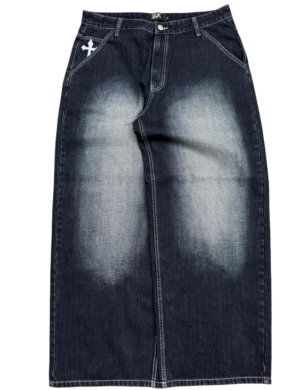 Dark Wash Faded Skull Cross  Jeans-IYAMIUIO