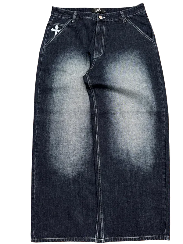 Dark Wash Faded Skull Cross  Jeans-IYAMIUIO