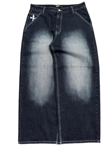 Dark Wash Faded Skull Cross  Jeans-IYAMIUIO