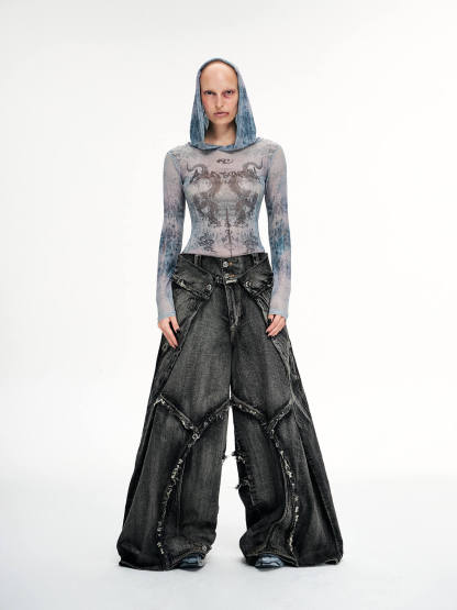 Personsoul Folded Structure Baggy Jeans-IYAMIUIO