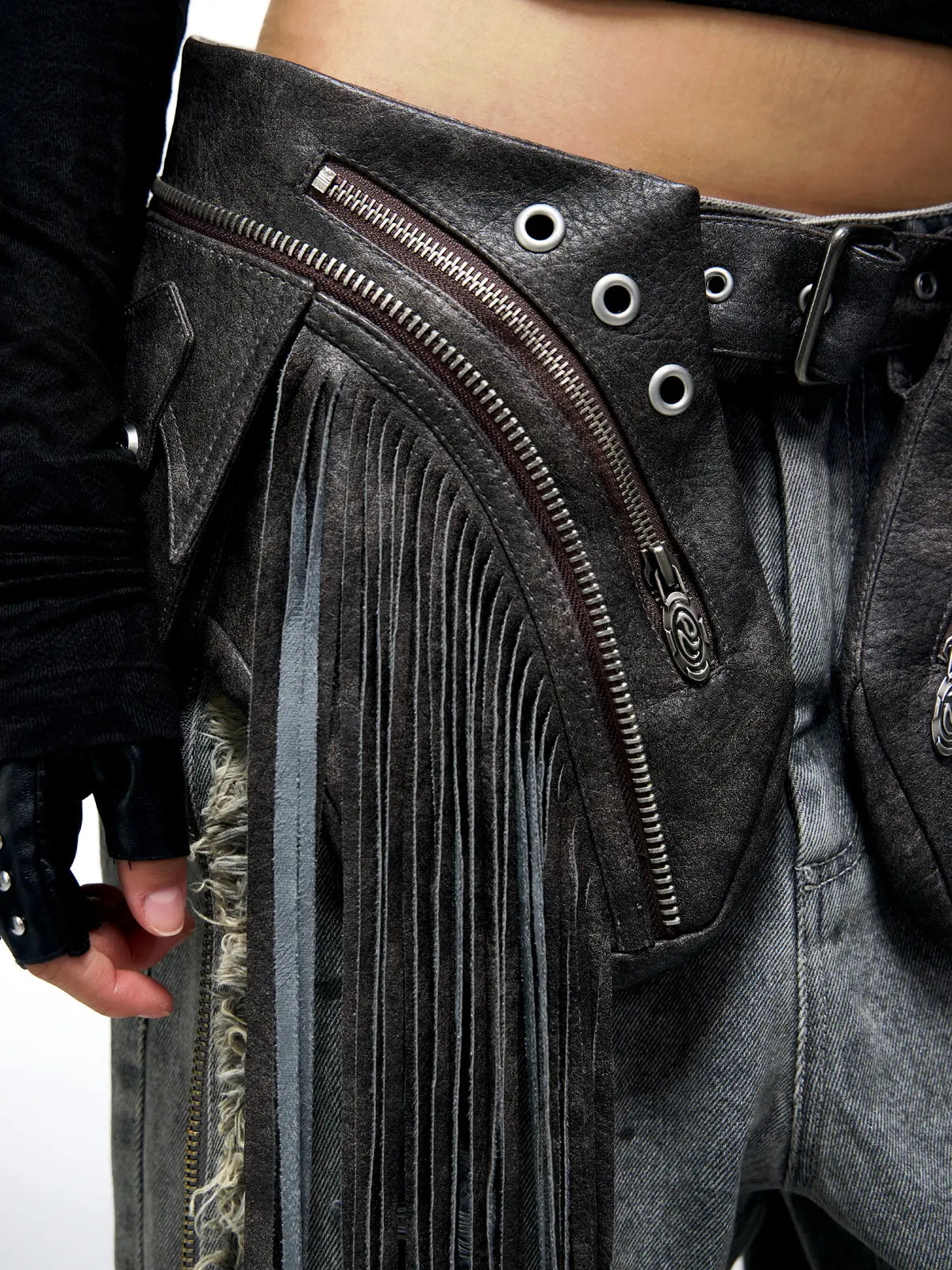 Personsoul Fringed Belt Raw Edge Jeans-IYAMIUIO