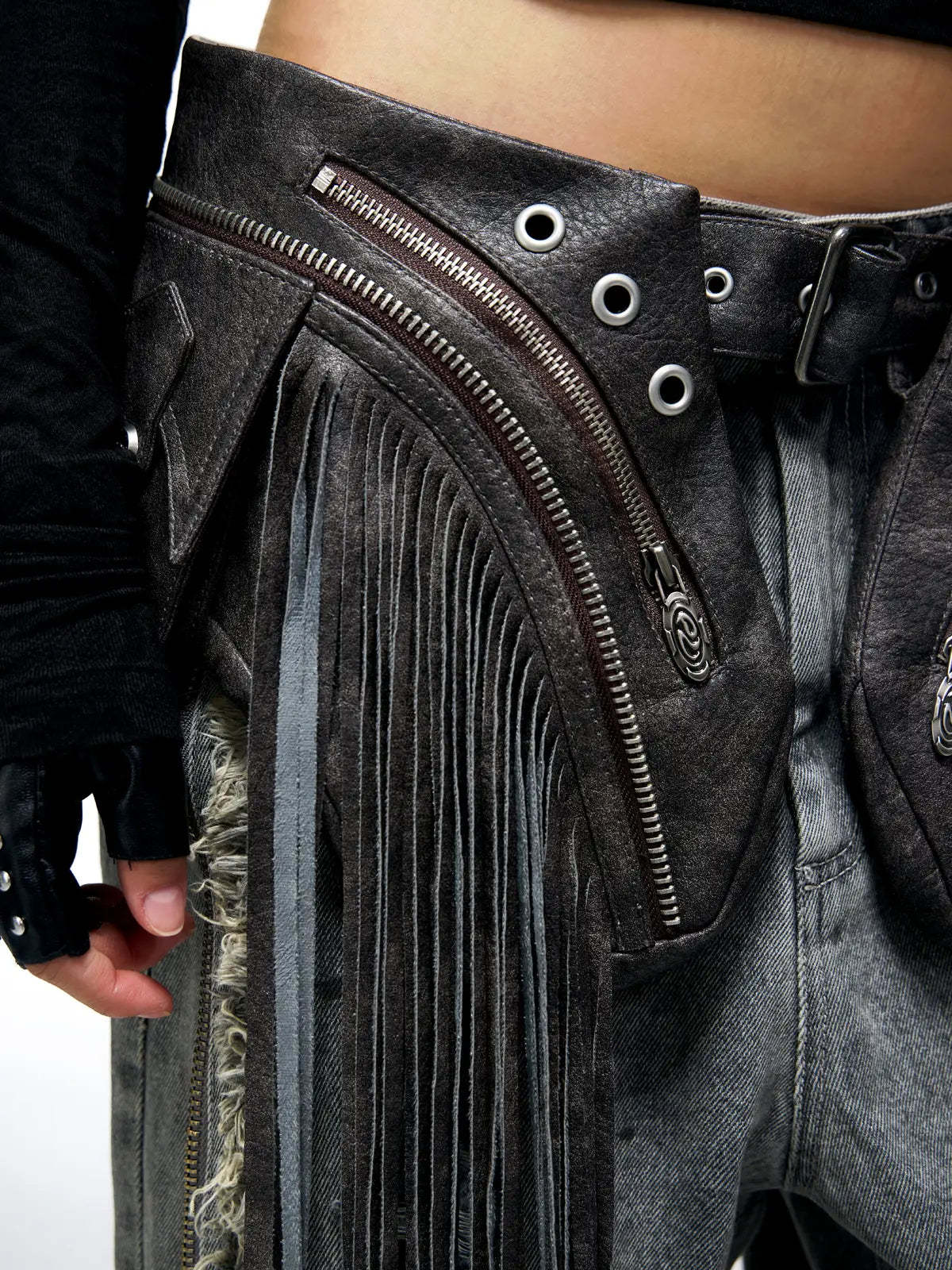 Personsoul Fringed Belt Raw Edge Jeans-IYAMIUIO