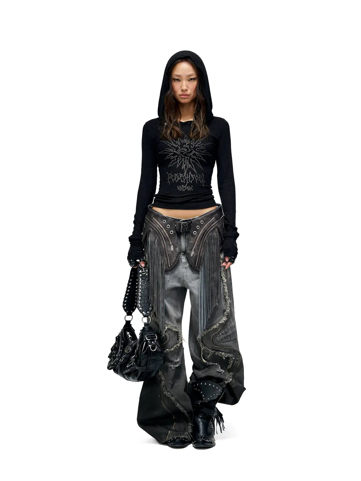 Personsoul Fringed Belt Raw Edge Jeans-IYAMIUIO