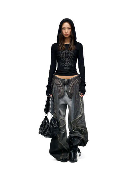 Personsoul Fringed Belt Raw Edge Jeans-IYAMIUIO