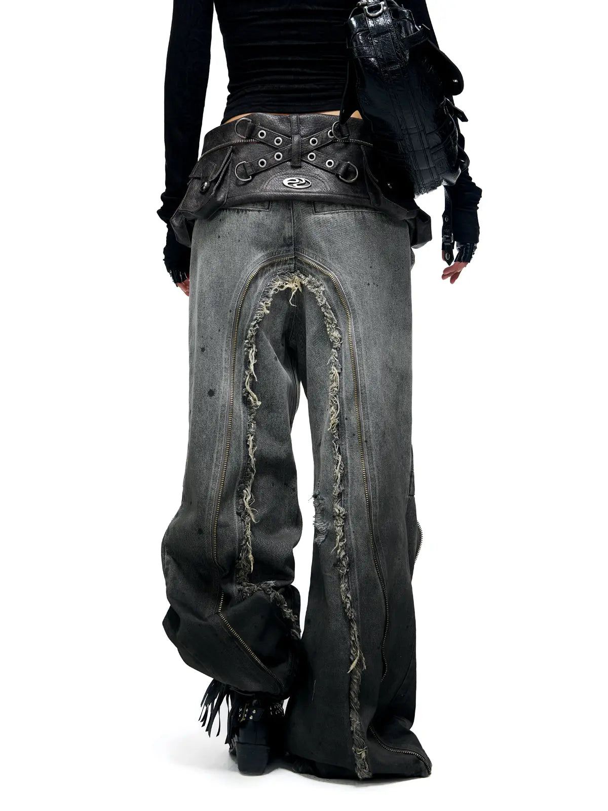 Personsoul Fringed Belt Raw Edge Jeans-IYAMIUIO