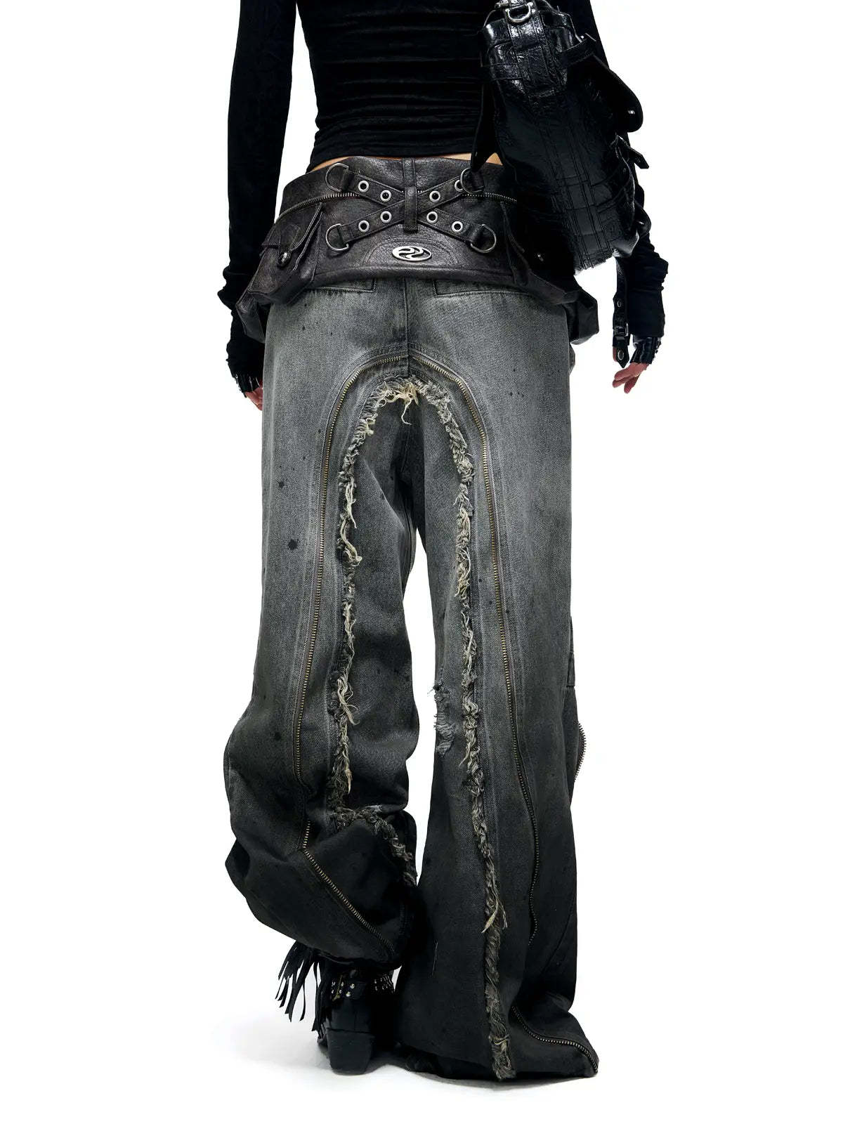 Personsoul Fringed Belt Raw Edge Jeans-IYAMIUIO