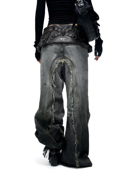 Personsoul Fringed Belt Raw Edge Jeans-IYAMIUIO