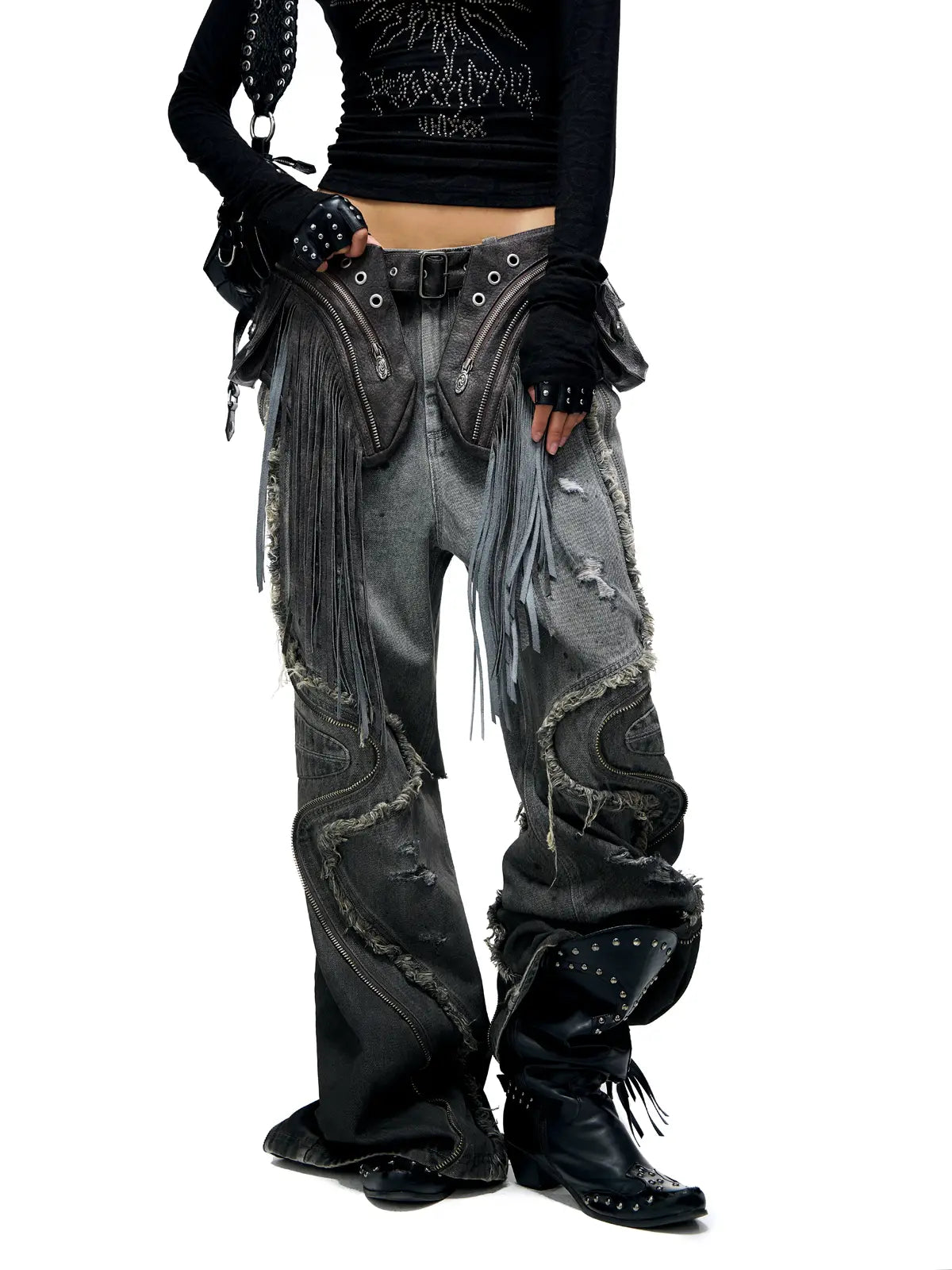 Personsoul Fringed Belt Raw Edge Jeans-IYAMIUIO