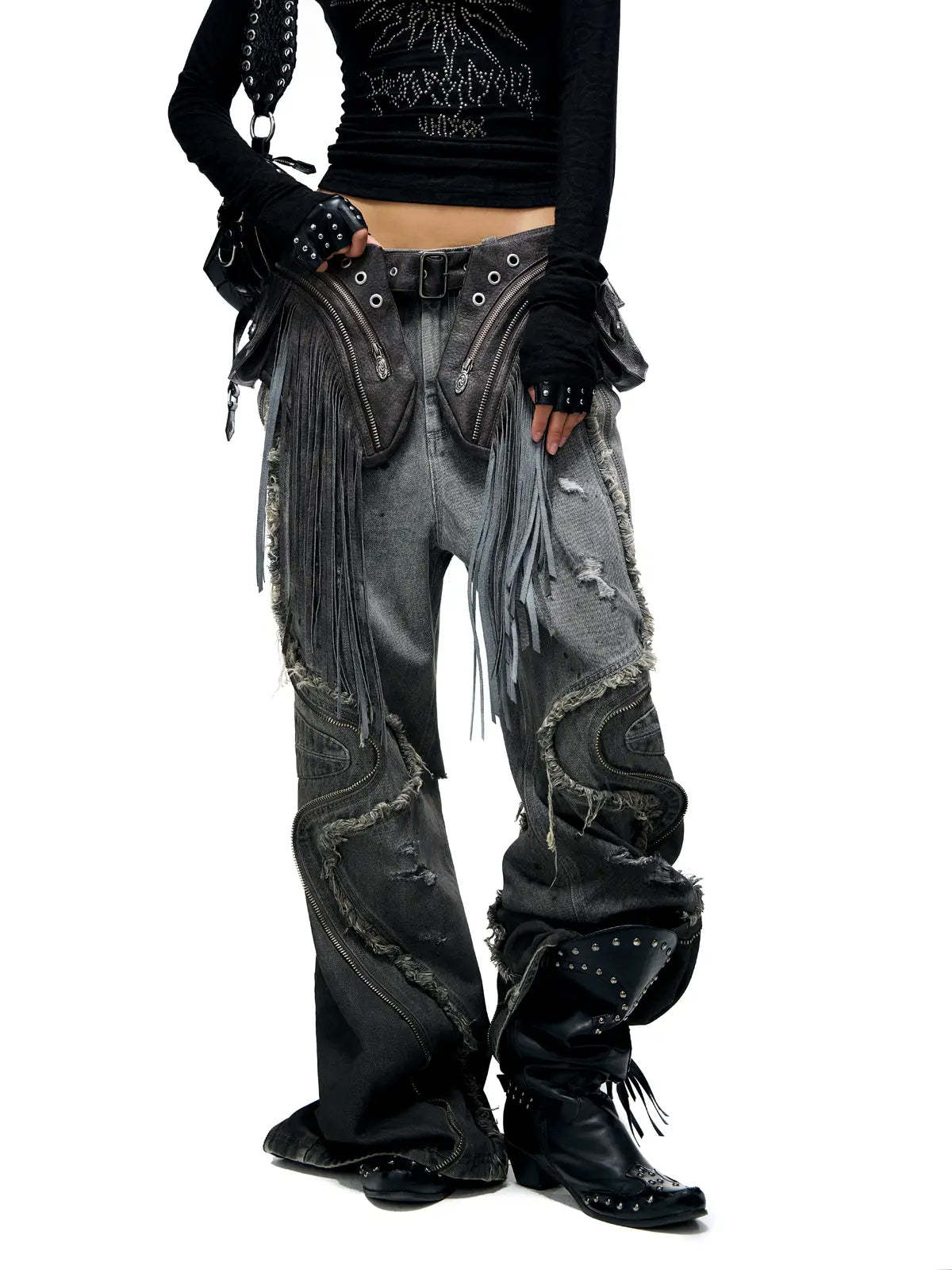 Personsoul Fringed Belt Raw Edge Jeans-IYAMIUIO