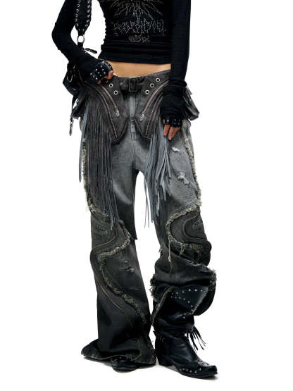 Personsoul Fringed Belt Raw Edge Jeans-IYAMIUIO