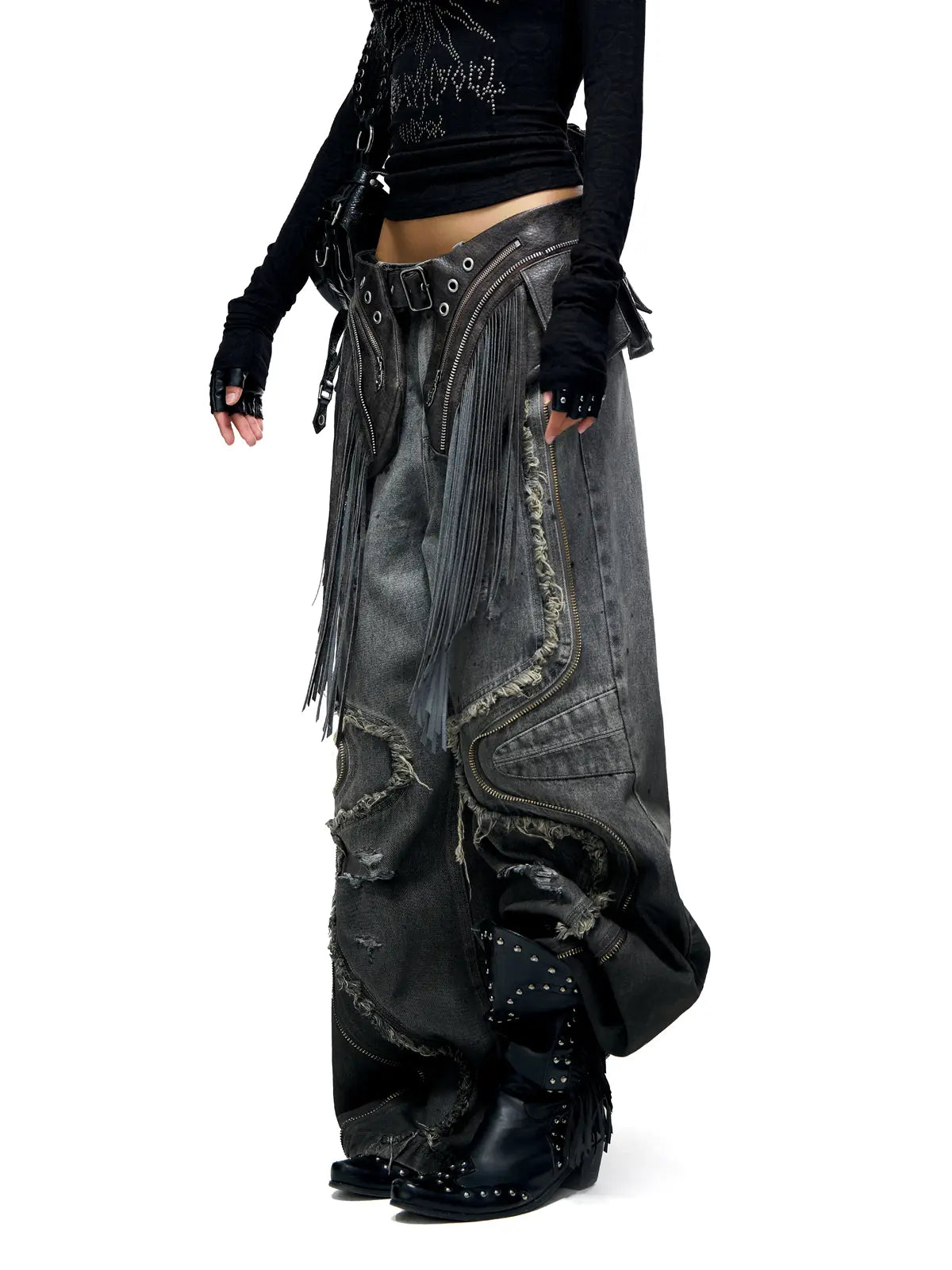 Personsoul Fringed Belt Raw Edge Jeans-IYAMIUIO