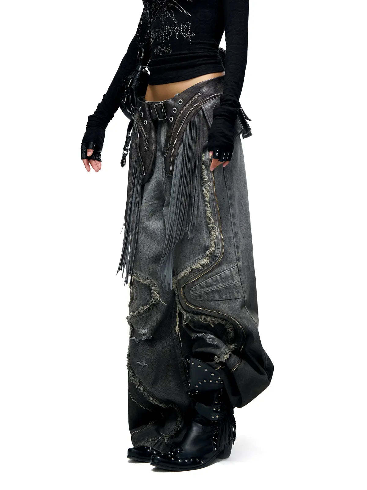 Personsoul Fringed Belt Raw Edge Jeans-IYAMIUIO