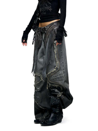 Personsoul Fringed Belt Raw Edge Jeans-IYAMIUIO