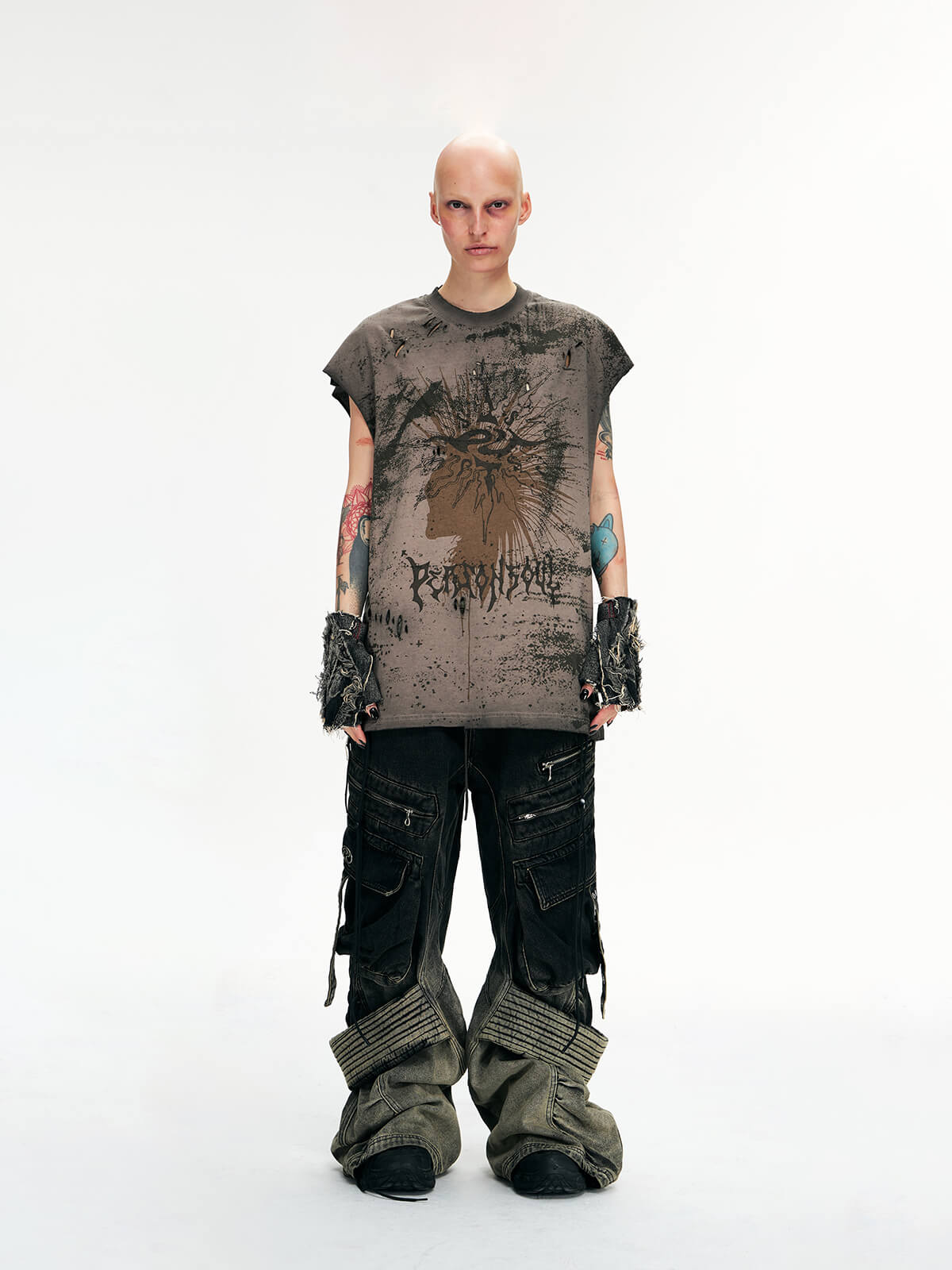 Personsoul Desert Distressed Denim Cargo Pants-IYAMIUIO