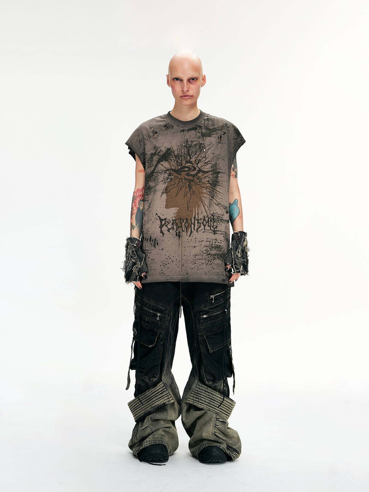 Personsoul Desert Distressed Denim Cargo Pants-IYAMIUIO
