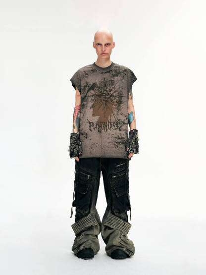 Personsoul Desert Distressed Denim Cargo Pants-IYAMIUIO