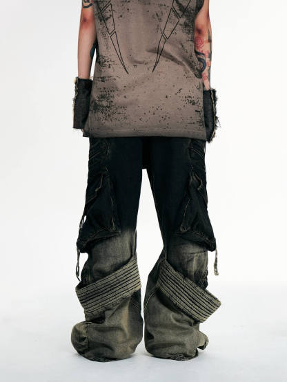 Personsoul Desert Distressed Denim Cargo Pants-IYAMIUIO
