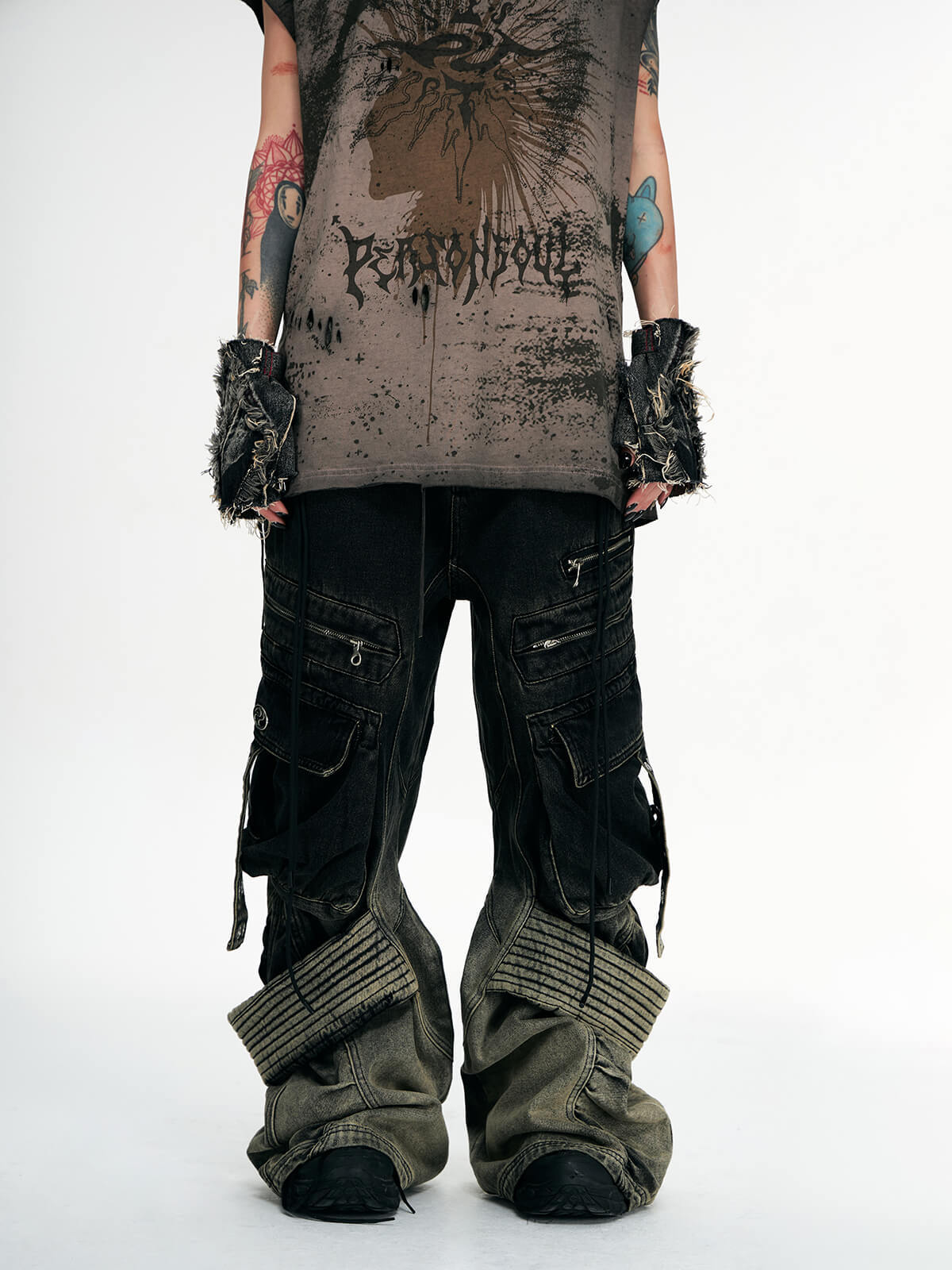 Personsoul Desert Distressed Denim Cargo Pants-IYAMIUIO