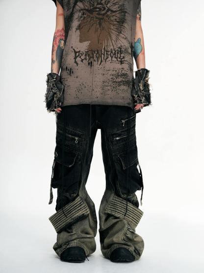 Personsoul Desert Distressed Denim Cargo Pants-IYAMIUIO
