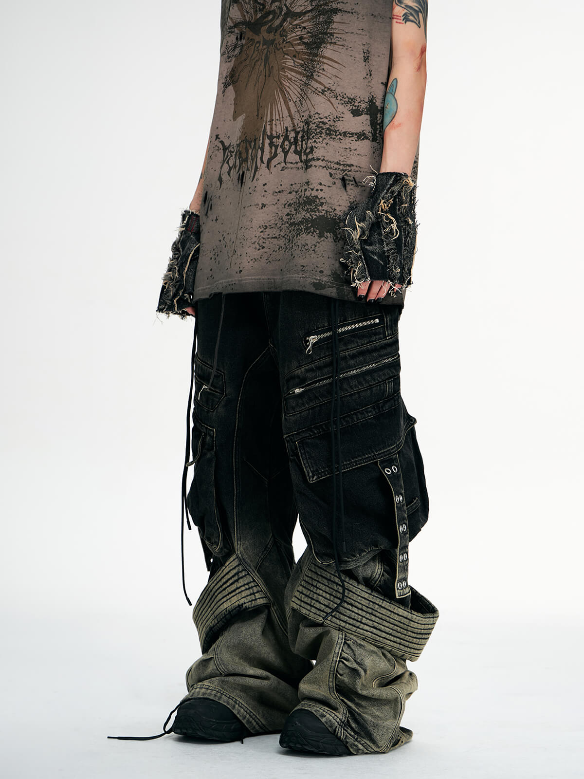 Personsoul Desert Distressed Denim Cargo Pants-IYAMIUIO