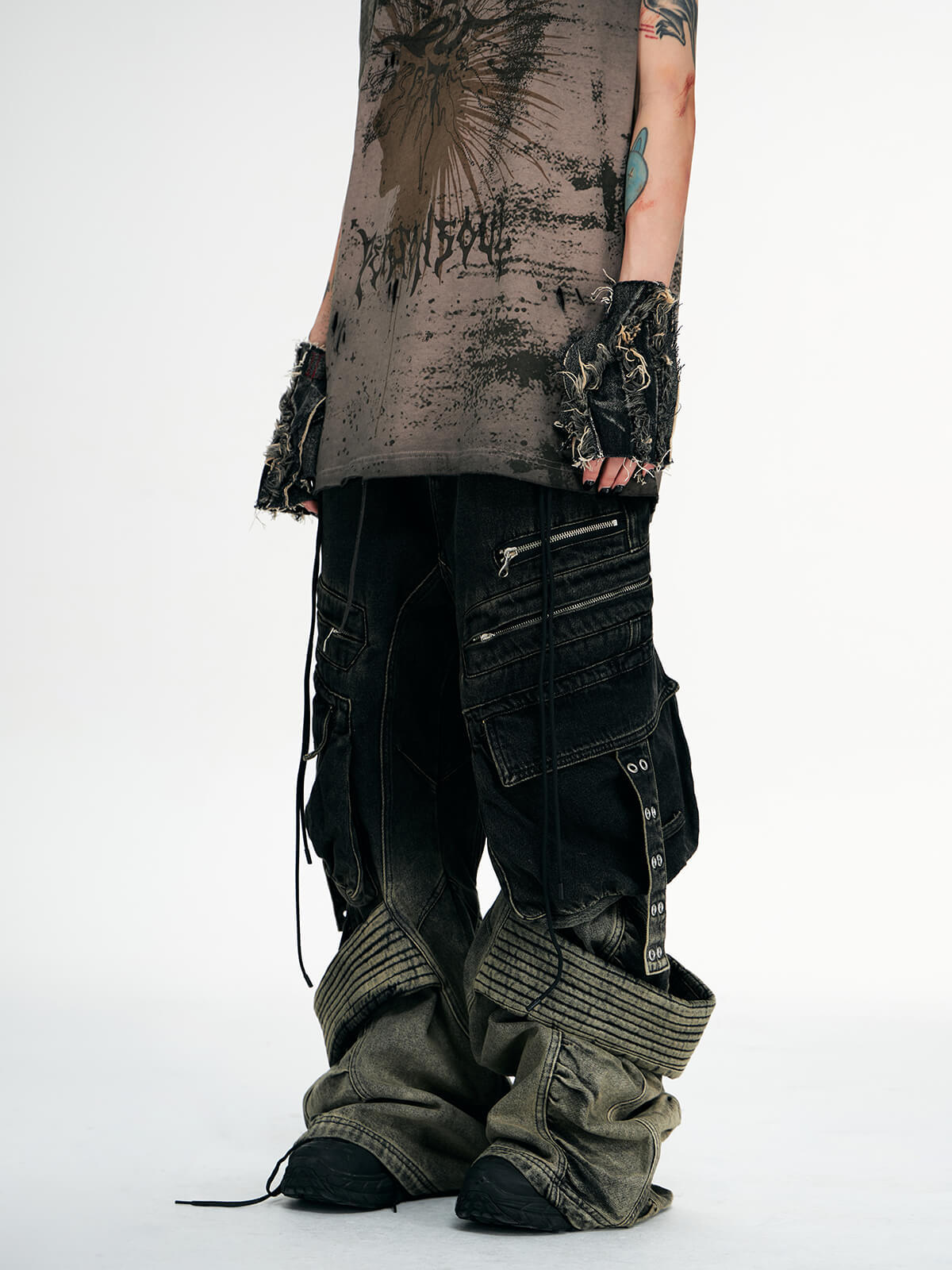 Personsoul Desert Distressed Denim Cargo Pants-IYAMIUIO