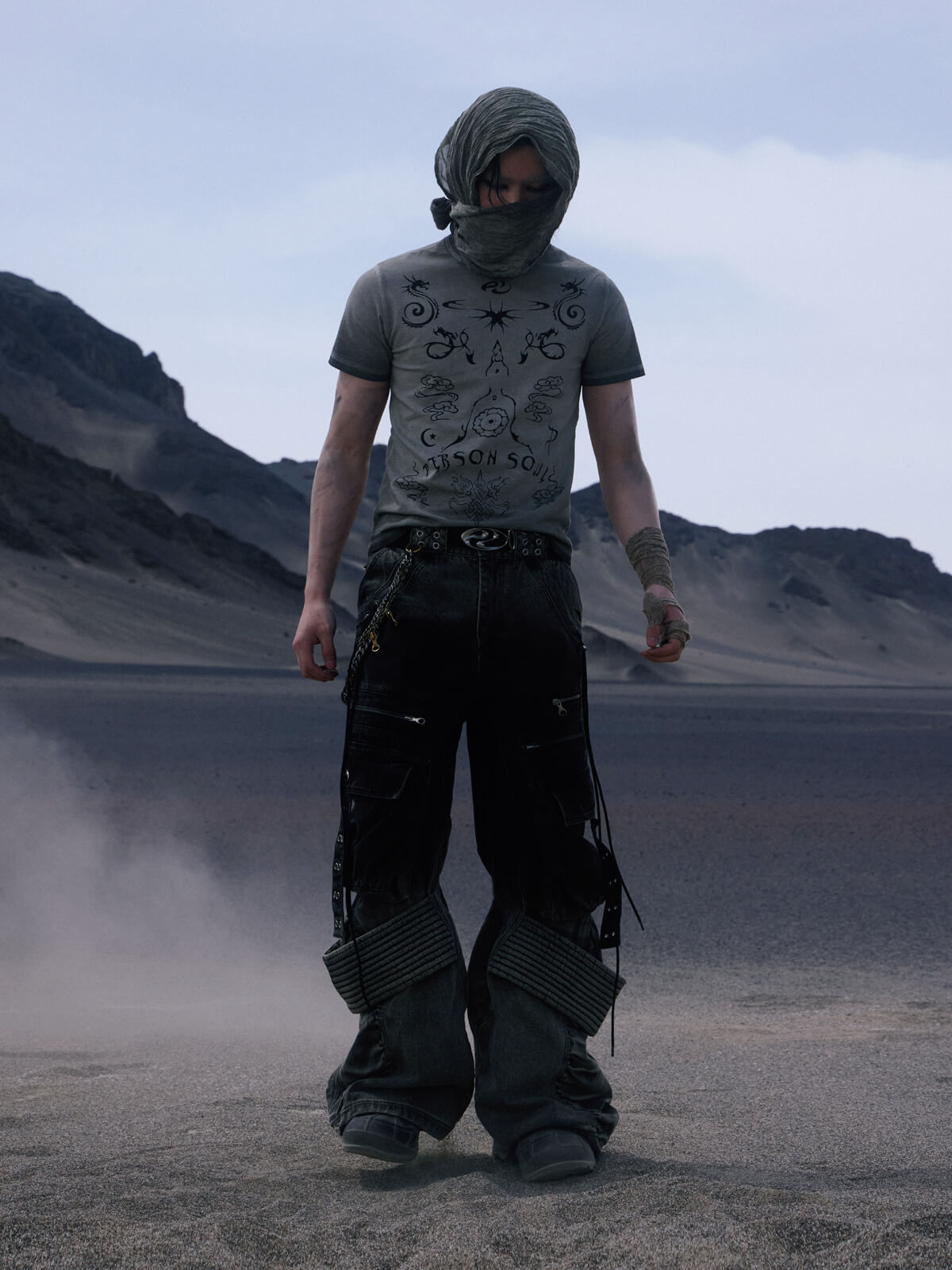 Personsoul Desert Distressed Denim Cargo Pants-IYAMIUIO