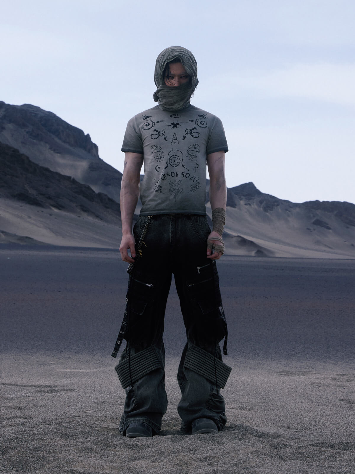Personsoul Desert Distressed Denim Cargo Pants-IYAMIUIO