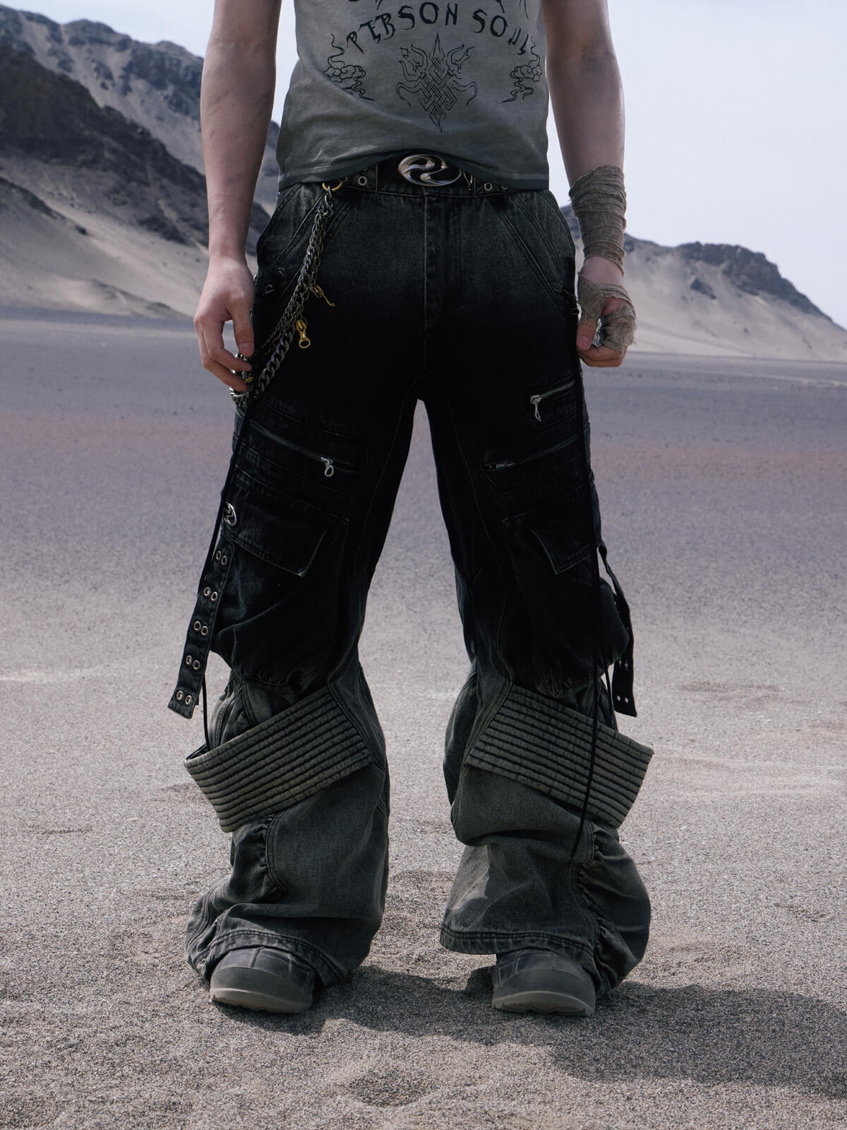 Personsoul Desert Distressed Denim Cargo Pants-IYAMIUIO