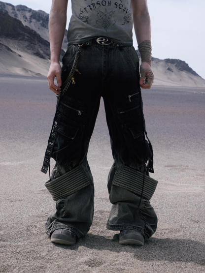 Personsoul Desert Distressed Denim Cargo Pants-IYAMIUIO