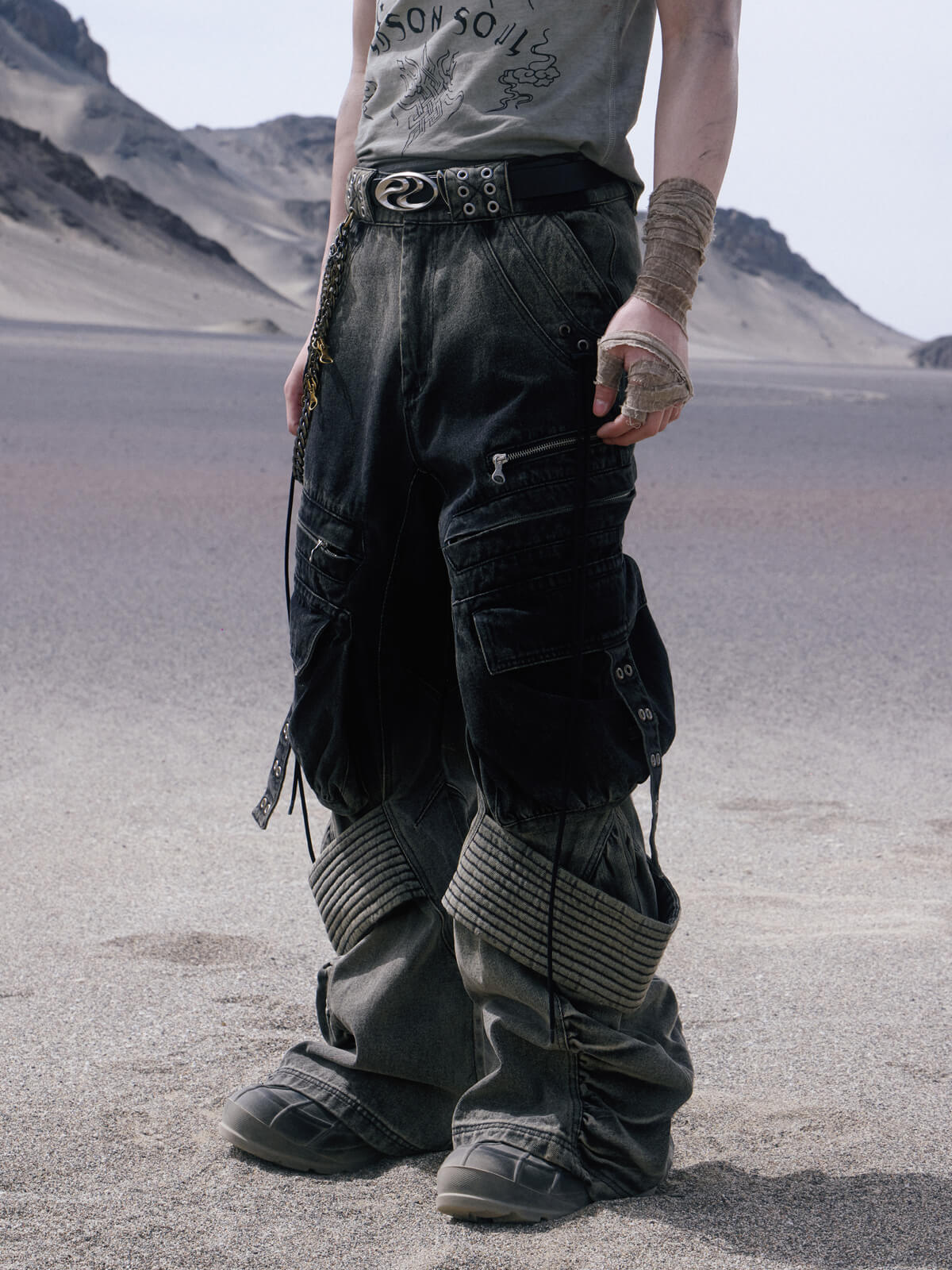 Personsoul Desert Distressed Denim Cargo Pants-IYAMIUIO