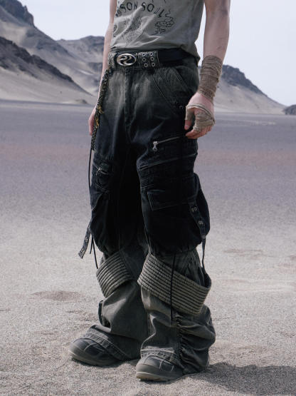 Personsoul Desert Distressed Denim Cargo Pants-IYAMIUIO