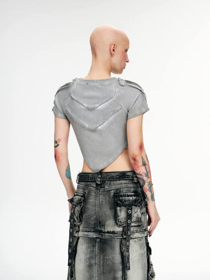 Personsoul Grey V-hem Slim Crop Top-IYAMIUIO