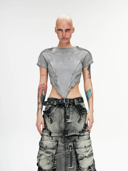 Personsoul Grey V-hem Slim Crop Top-IYAMIUIO