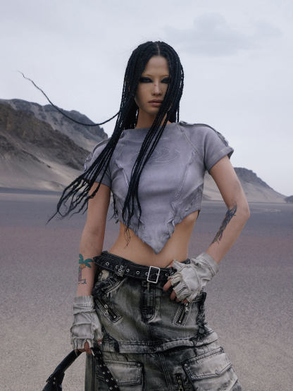 Personsoul Grey V-hem Slim Crop Top-IYAMIUIO