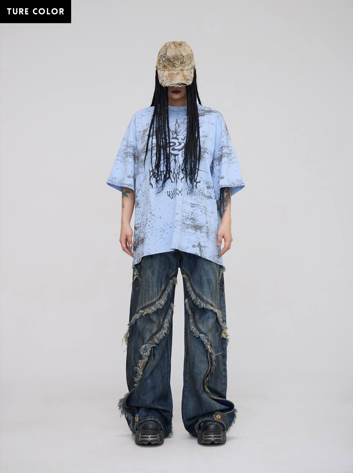 Personsoul Tie-Dye Raw-Edge Baggy Jeans-IYAMIUIO
