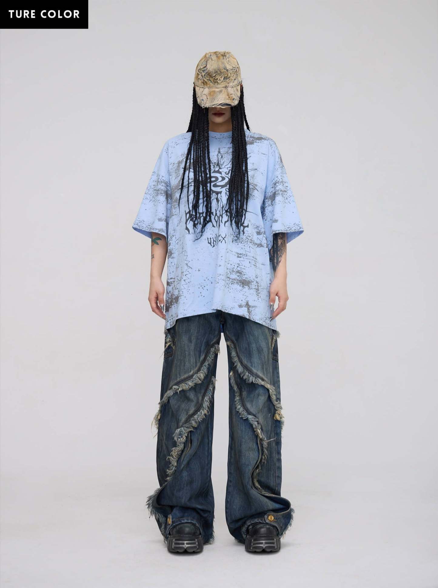 Personsoul Tie-Dye Raw-Edge Baggy Jeans-IYAMIUIO