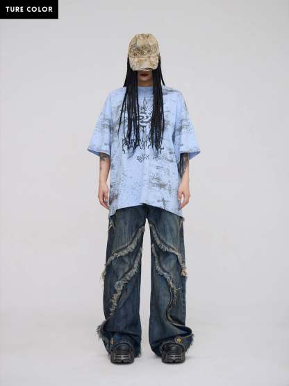 Personsoul Tie-Dye Raw-Edge Baggy Jeans-IYAMIUIO