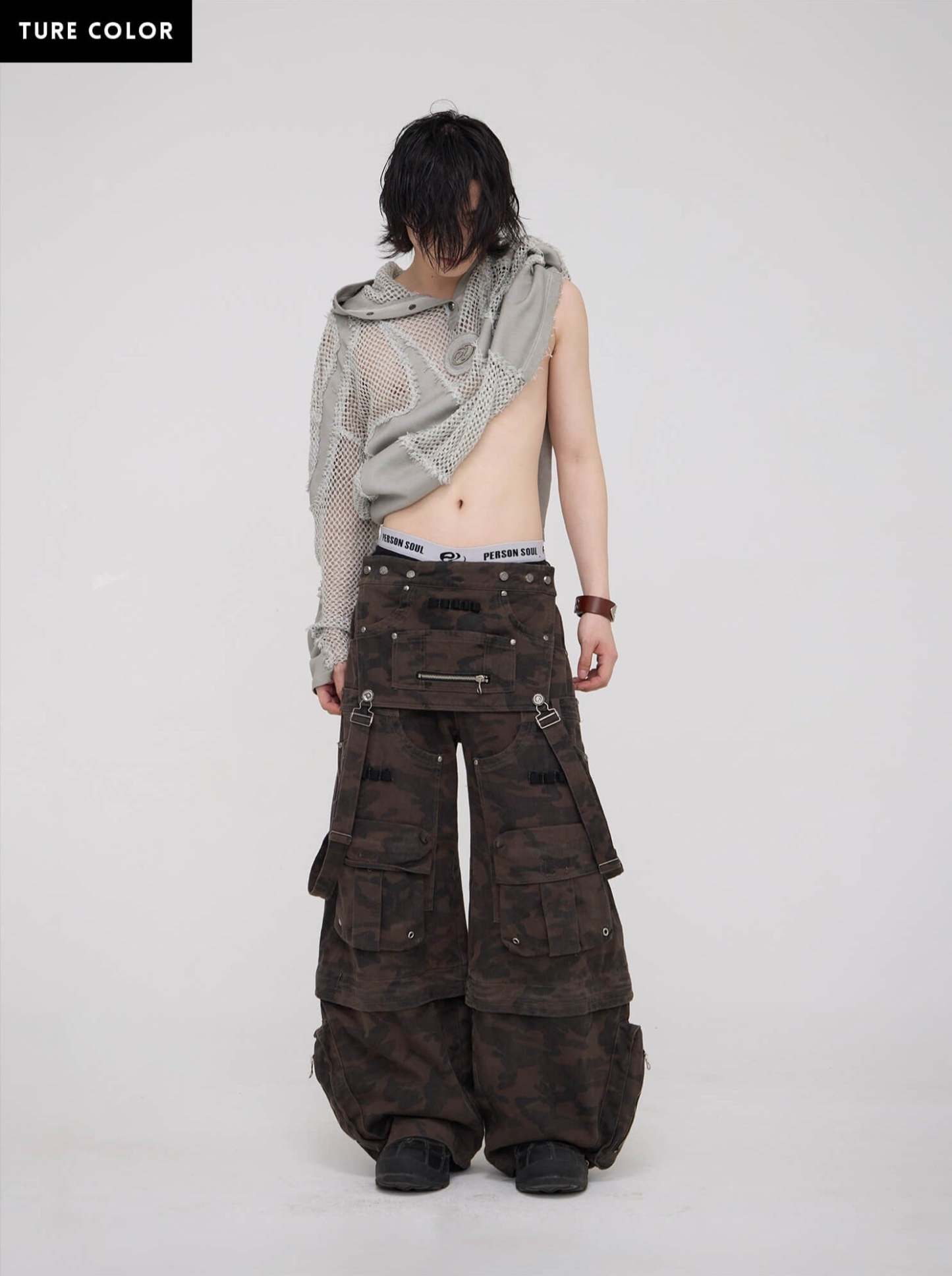 Personsoul Brown Camo Overalls with Zip-Off Legs-IYAMIUIO