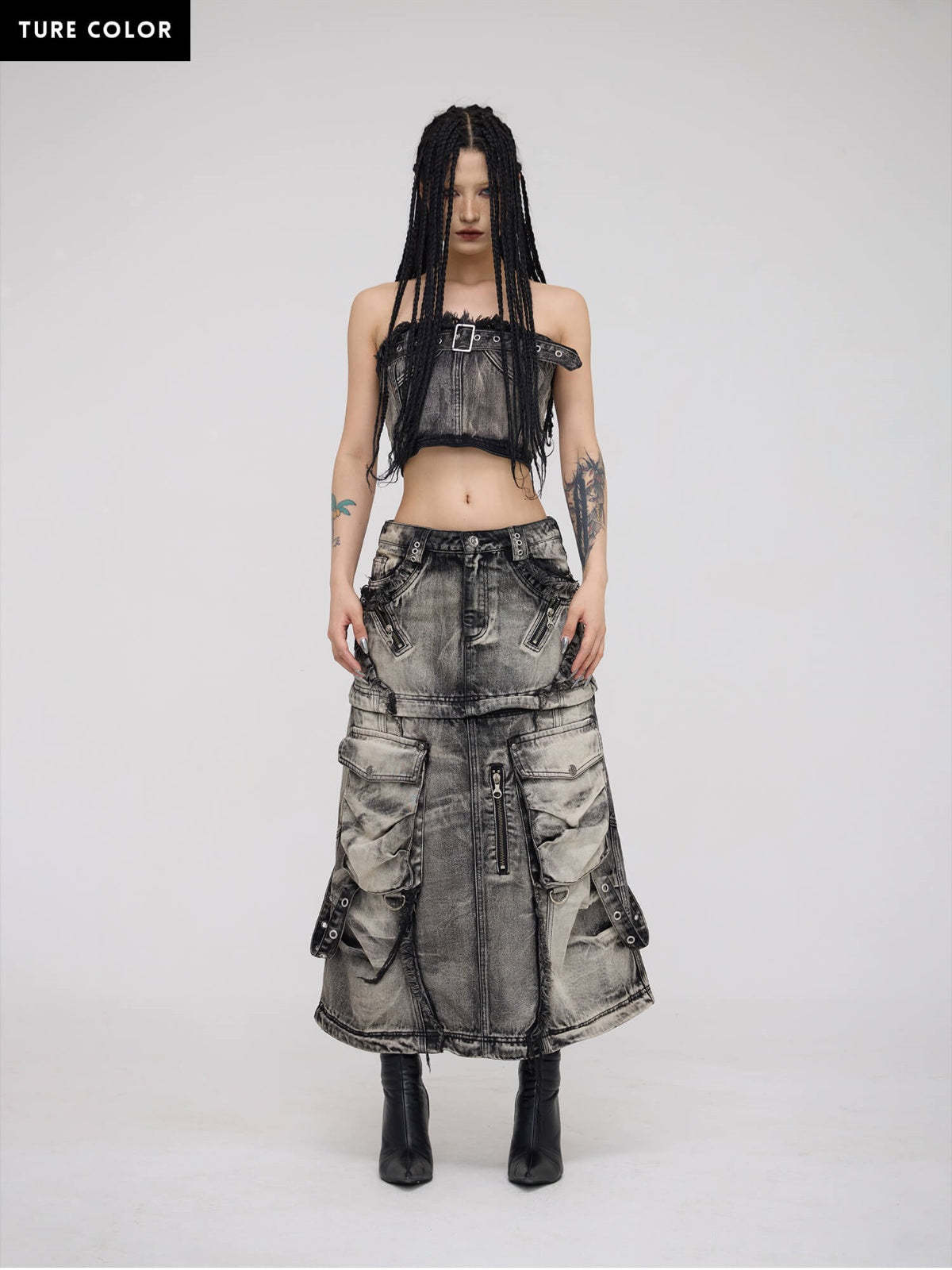 Personsoul Three-Stage Faded Maxi Denim Skirt-IYAMIUIO