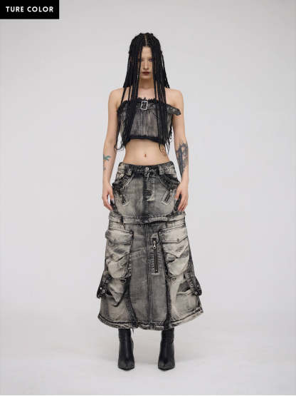 Personsoul Three-Stage Faded Maxi Denim Skirt-IYAMIUIO