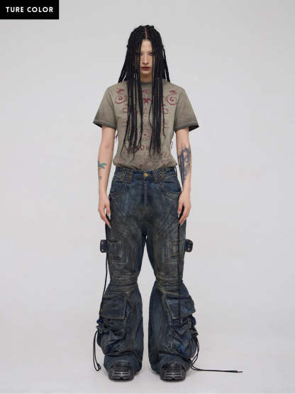 Personsoul Pocket Drawstring Washed Flared Jeans-IYAMIUIO