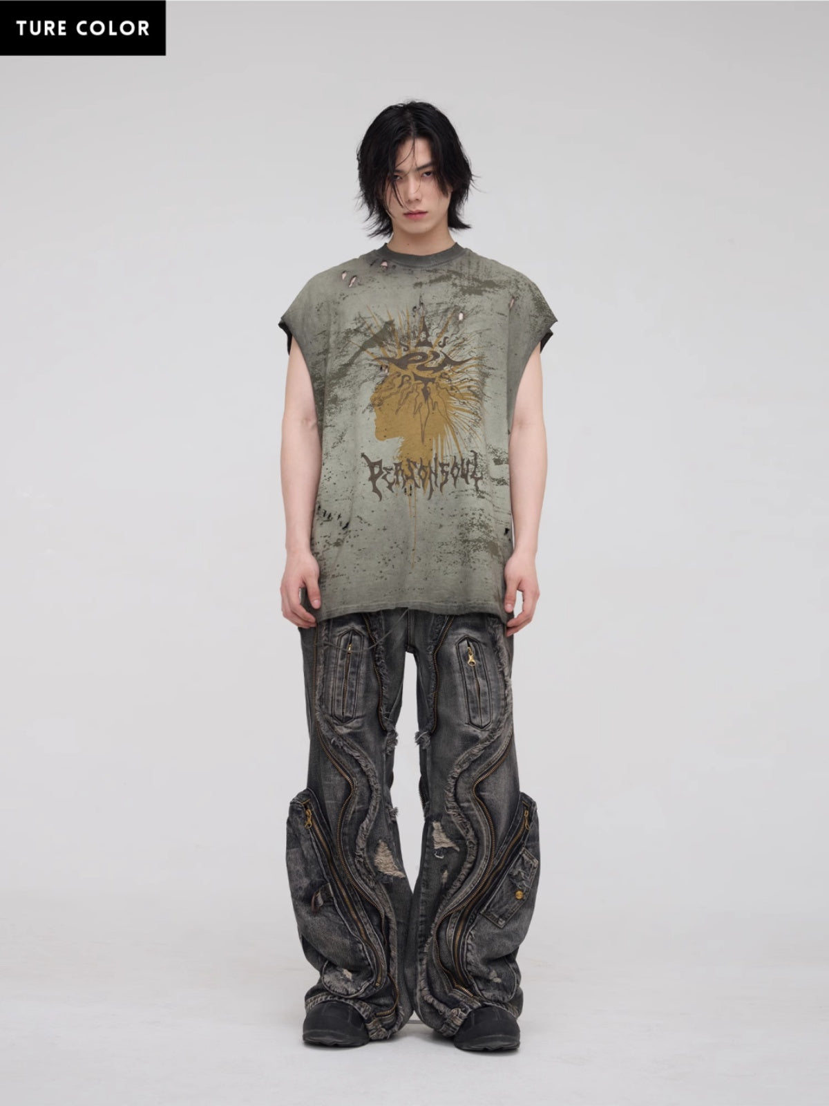 Personsoul Dirty Ripped Denim Baggy Jeans-IYAMIUIO